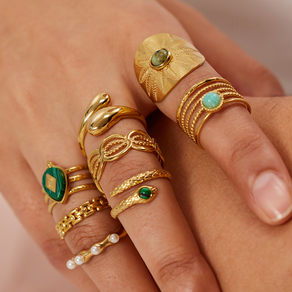 Band Rings Uworld Stainless Steel Natural Stone Green Turquoise Malachite Ring Women Bohemian Stylish Big Summer Jewelry 230822