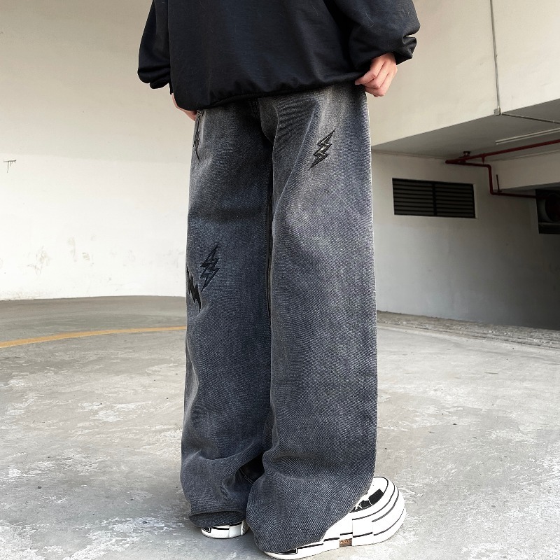 Men's Jeans American Vibe Wind Lightning Pattern Leather Jeans Men's Trend Hip-hop Retro Slacks Fashion Street Men Ins Selling Y2k Men Jeans