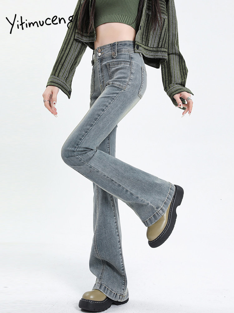 Women's Jeans Yitimuceng High Waisted for Women Stretch Vintage Streetwear Slim Skinny Washed Bleached Flare Pants Y2k 230821