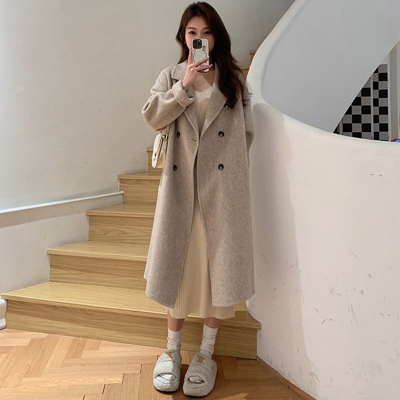Womens Wool Blends Women Winter Woolen Overcoat Oat Color Doublesided Cashmere Coat Midlength Jacket Loose Cardigan Simple Outwear 230822
