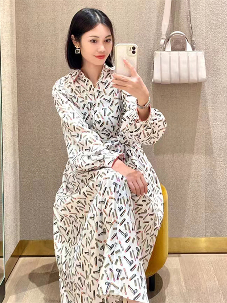 Basic Casual Dresses Women Lipstick Pattern Printed MidCalf Dress 100% Silk TurnDown Collar Long Sleeve Autumn Female Elegant LaceUp Robe 230821