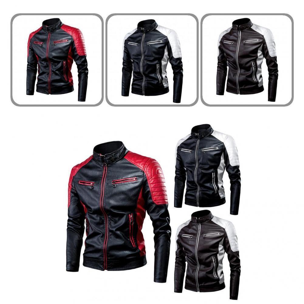 Men's Jackets Men's Winter Fleece Pu Jacket Motorcycle Waterproof Cool Contrast Colors Classic Biker Leather Jacket Motor Autumn Coat 230821