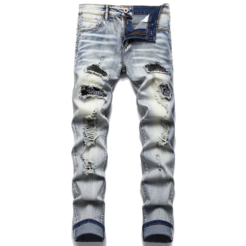 Men's Jeans Men Biker Jeans Streetwear Paisley Bandana Print Patch Stretch Denim Pants Patchwork Holes Ripped Slim Straight Black Trousers 230821
