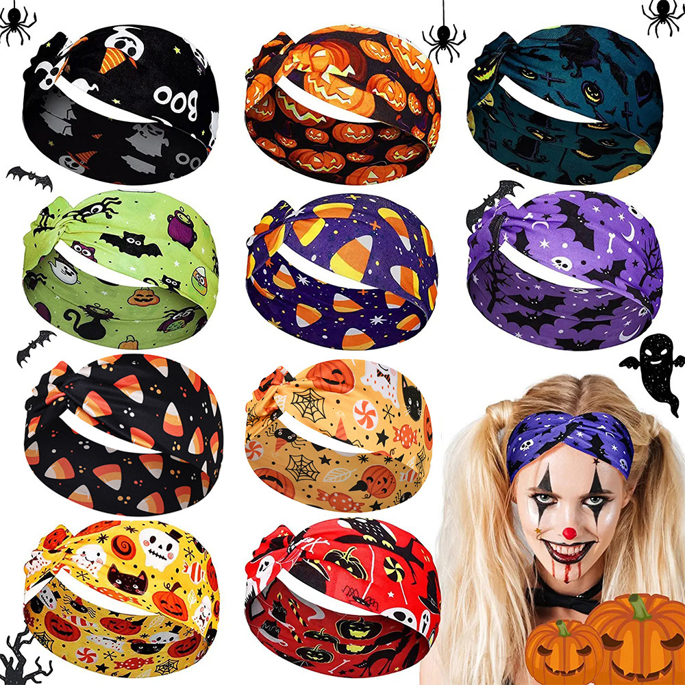 Hair Clips Barrettes Halloween Print Wide Headbands Vintage Knot Elastic Turban Headwrap for Women Girls Bandana Cosplay Accessories 230822