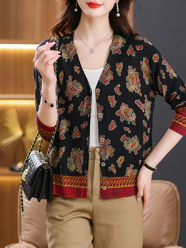 Womens Knits Tees YISU Cardigan Sweater Women Autumn Winter Loose Pattern Print Coat VNeck Long Sleeve Sweaters Knitted 230821