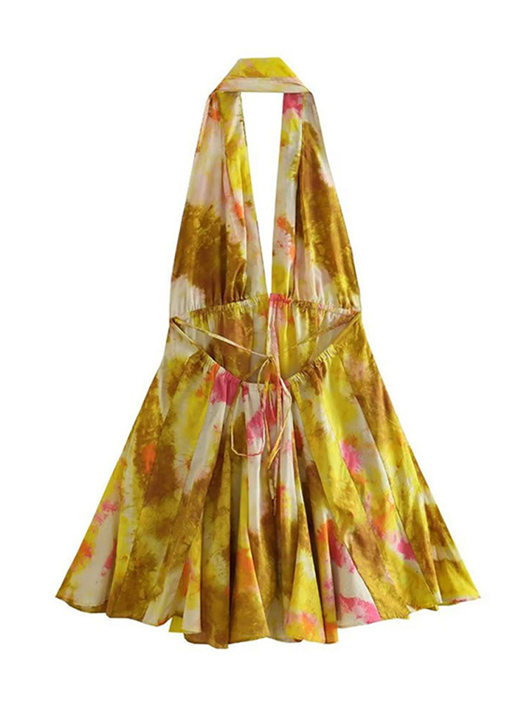 Basic Casual Dresses Sexy Backless Halter Printed Mini Dress Woman Fashion Deep V Neck Off Shoulder 2023 Summer Holiday Party Vestidos 230822
