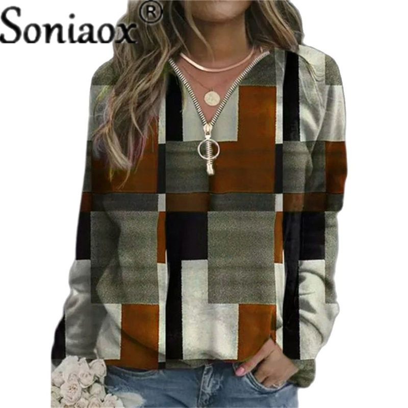 Men's Hoodies Sweatshirts Autumn Women Sweatshirts Loose Casual V Neck Zipper Long Sleeve Plaid Top Pullover Streetwear Ladies Fashion Ladies Hoo