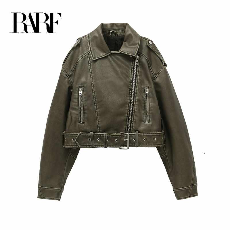 Women's Leather Faux Leather RARF style Women's washed leather jacket with belt short coat with downgraded zipper and vintage lapel jacket 2