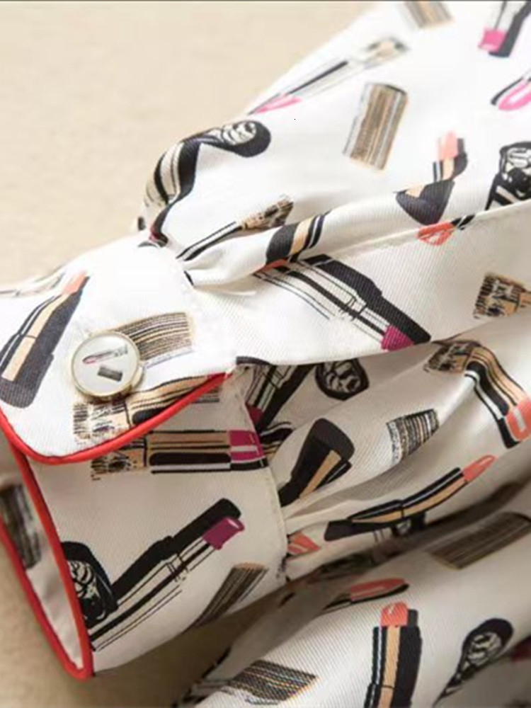 Basic Casual Dresses Women Lipstick Pattern Printed MidCalf Dress 100% Silk TurnDown Collar Long Sleeve Autumn Female Elegant LaceUp Robe 230821