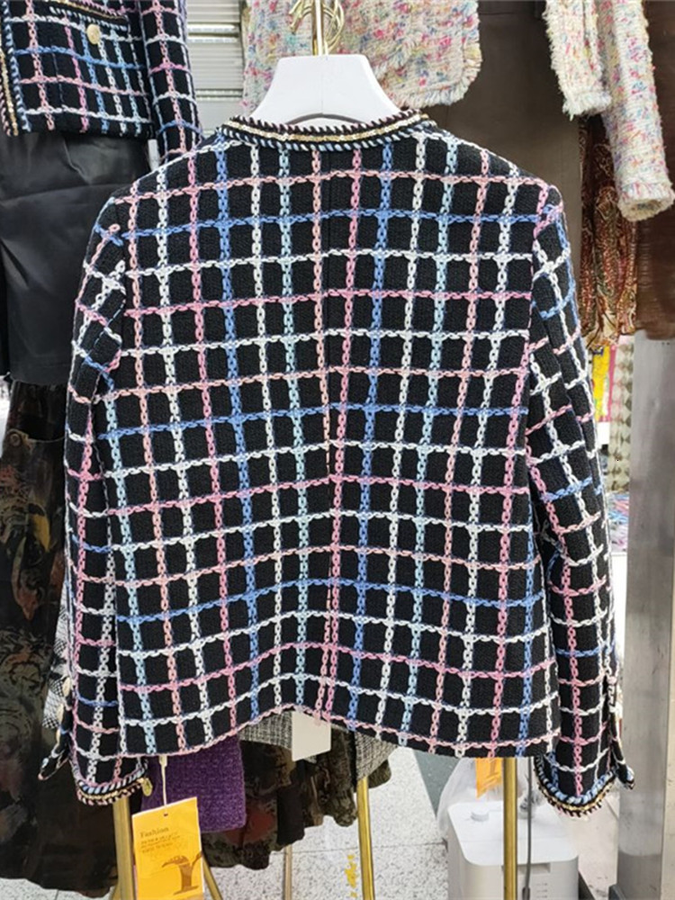 Women's Jackets Vintage Check Tweed Jacket Autumn High Quality Women's Jacket Sequined Trim Long Sleeve Woolen Coat Elegant Outwear 230822CJ