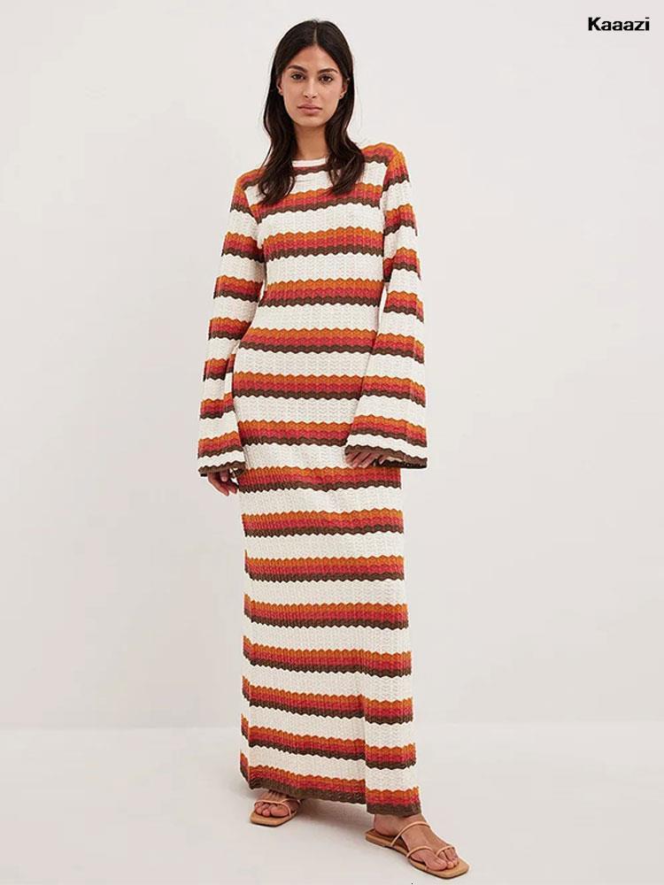 Urban Sexy Dresse Elegant Striped Backless Knitted Maxi Dress Female Flare Long Sleeve O Neck 2023 Summer Casual Vestidos 230821