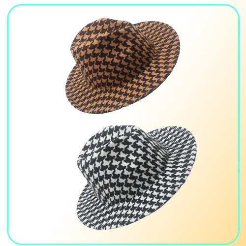 Houndstooth Print Fedora Hat with Black Bottom Men Big Brim Outdoor Trend Hat Panama Womens Jazz Top Hat for Party Wedding