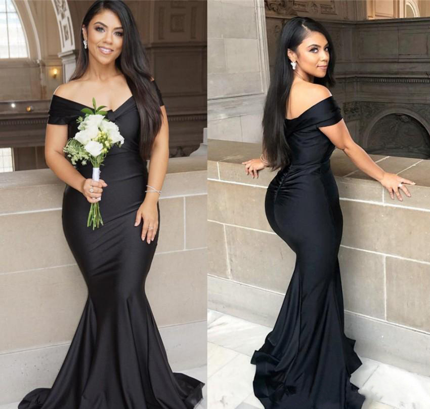 Black Mermaid Long Bridesmaid Dresses 2023 Plus Size Off Shoulder Floor length Garden Maid of Honor Wedding Party Guest Gown