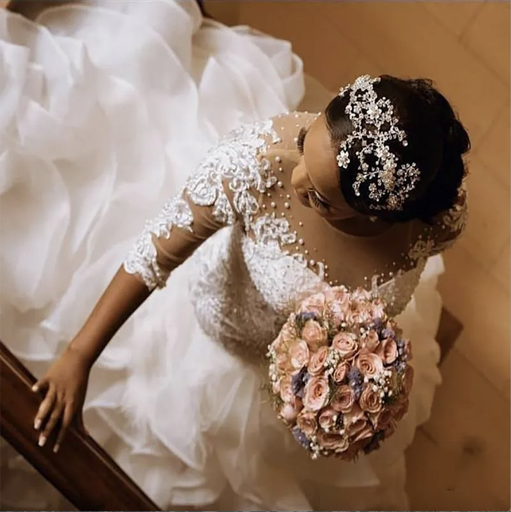 2023 Mermaid Wedding Dresses Luxury Beaded Crystals with 1/2 Half Sleeves Lace Applique Ruffles Sweep Train Custom Made Wedding Gown vestido