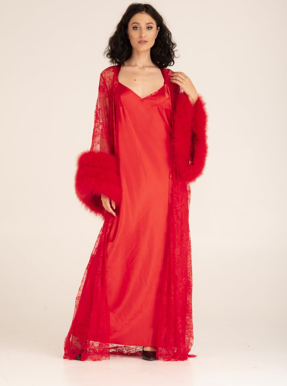 Red Satin Silk Bridal Robe Sleepwear Winter Fur Long SleeveWedding Evening Bathrobe Nightwear Custom Made Robe Gowns