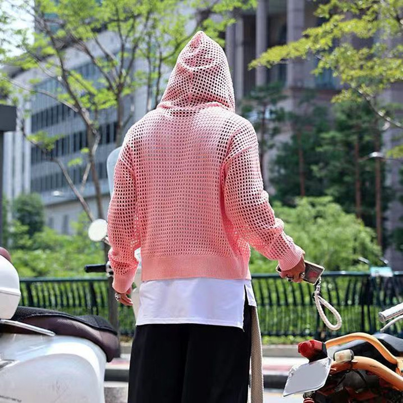 Men's Sweaters Y2K Japanese Streetwear Mens Autumn Thin Style Pink Cardigan Knitted Sweater Man Hollow Out Plaid Zip Up Jackets Coats 230822