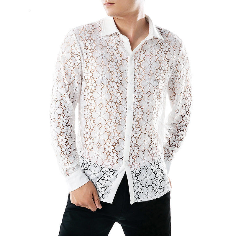 Men's Casual Shirts Lace Transparent Hollow Out Mens Long Sleeved Lapel Shirt Fashion Nightclub Stage Costumes Clothing Streetwear For Men 230822