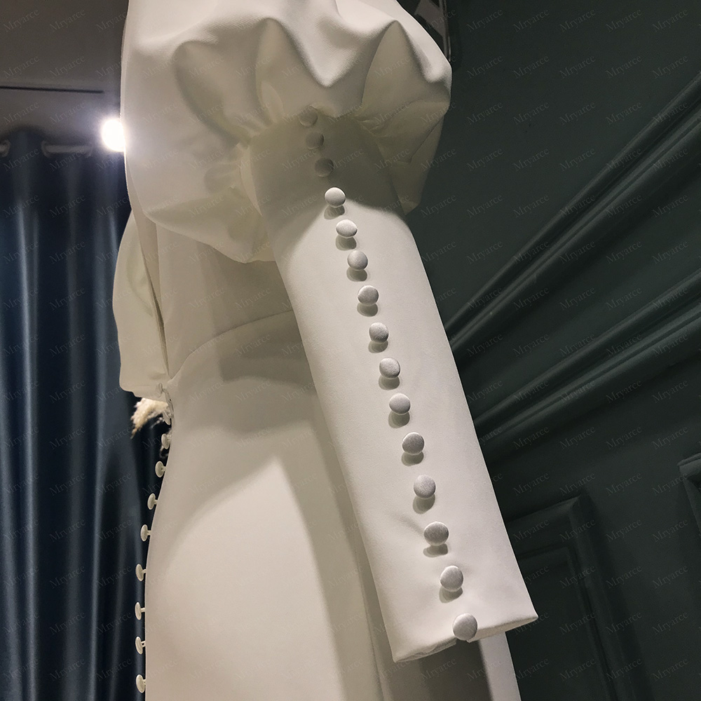 Elegant Mermaid Wedding Dress Bubble Sleeves V Neck Soft Satin Backless Buttons Bridal Gowns Women 2023 Robes De Mariee Vestidos De Noiva