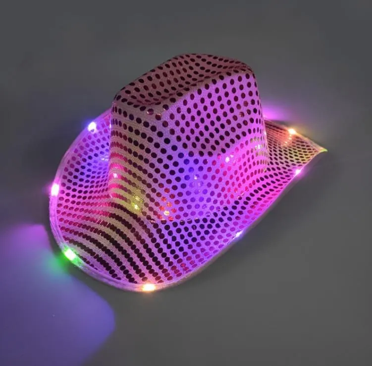 50pcs Cowgirl LED Hat Flashing Light Up Sequin Cowboy Hats Luminous Caps Halloween Costume FY7970 G0831
