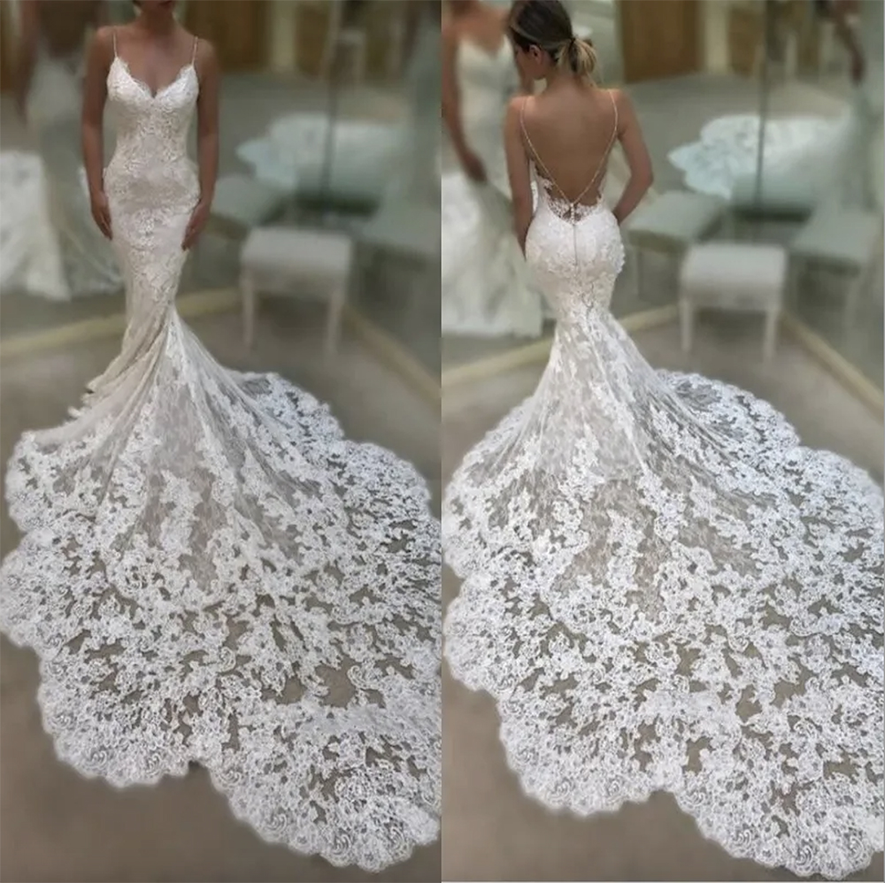 Spring Summer Lace Wedding Dresses Long Train Backless Mermaid Wedding Gowns Spaghetti Straps Sexy Boho Bridal Dress