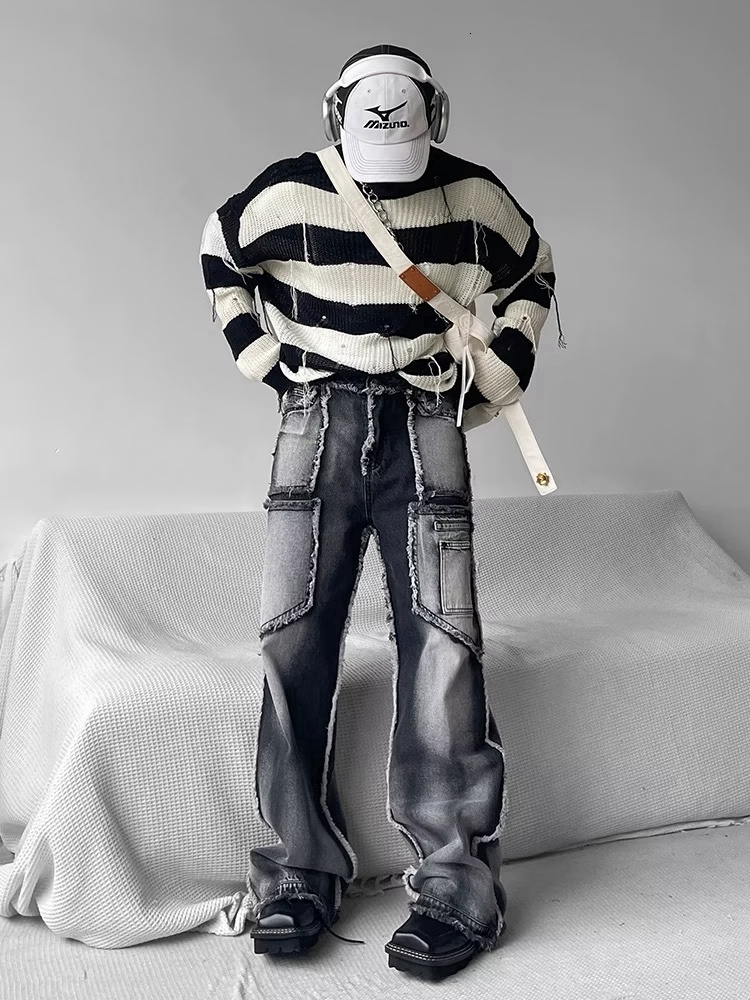 Men's Jeans Men's Pants Autumn Vintage Wash Rough Edge Straight Tube Splicing Male Jeans High Street Wide Leg Trousers Fashion 230821