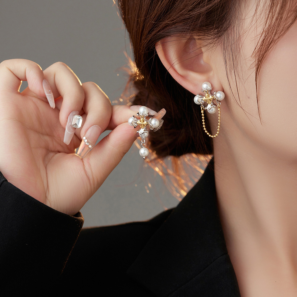 Ear Cuff F I N S Asymmetric 925 Sterling Silver Shell Pearl Earrings Baroque Cross Piercing Bead Chain Punk Rock Studs Fine Jewelry 230822