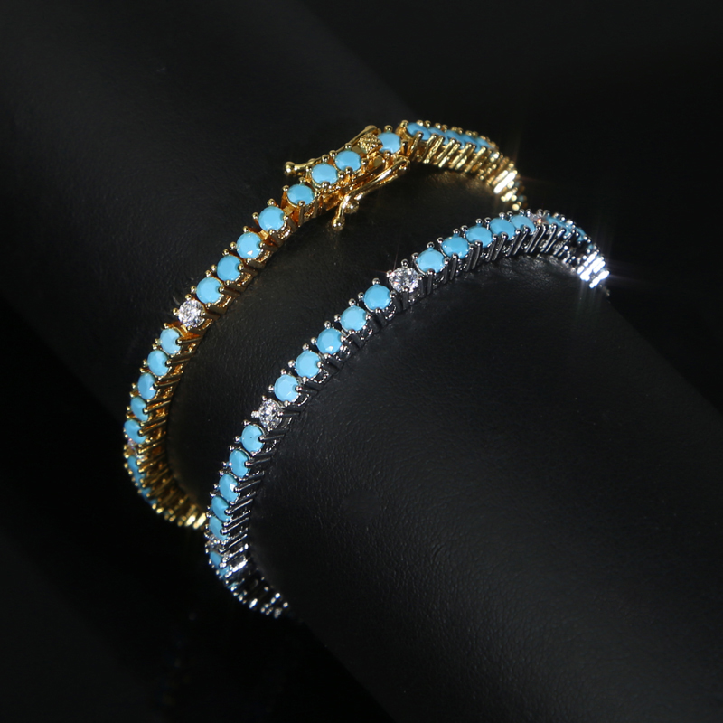 3mm Turquoises Stone Tennis Chain Bangle Elegant Bracelet for Women Hi Hop Lady Gift Paved 5A Cubic Zirconia Gift Jewelry