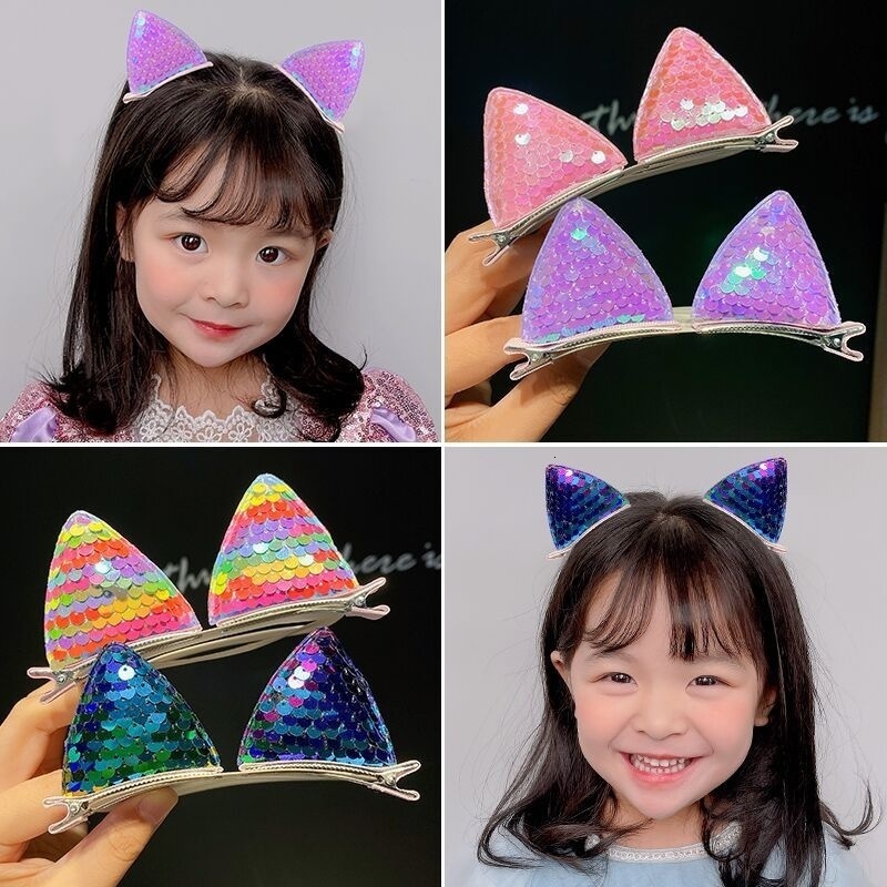 Hair Clips Barrettes 2PCS Set Glittery Sequins Color Cat Ear For Girl Children Cute Kawaii Cosplay Fairy Hairpin Fashion Accessories Party 230822