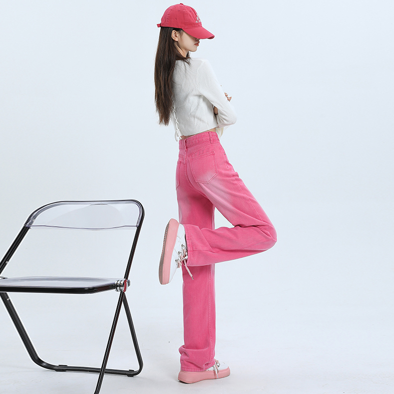 Women's Jeans Chic Autumn Y2K Korean Gradient Pink High Waist Straight Leg Denim Trousers 230821