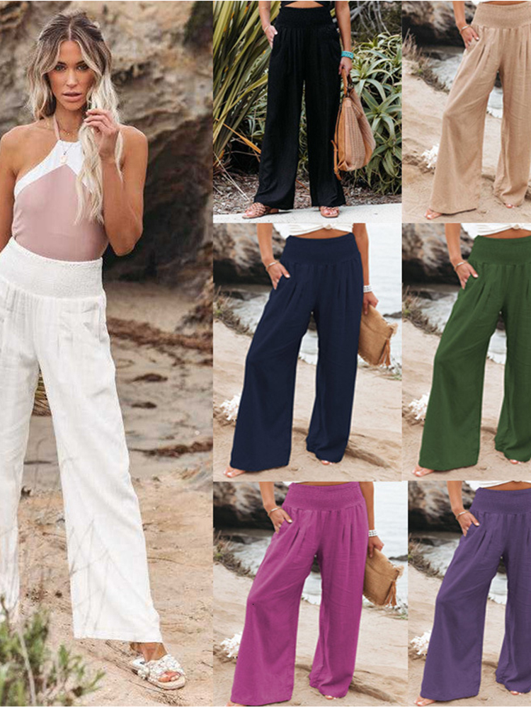 Womens Pants Capris Foridol Spring Summer Cotton Linen Women Pockets Solid Casual White Wide Leg Office Lady Long Trousers Khaki 230821