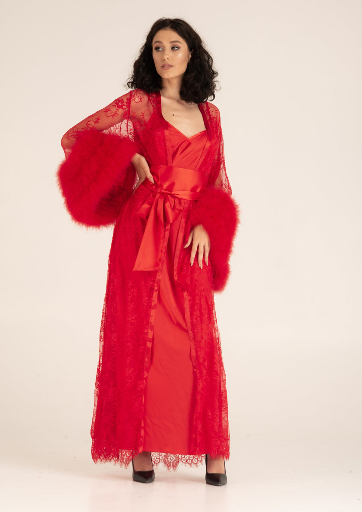Red Satin Silk Bridal Robe Sleepwear Winter Fur Long SleeveWedding Evening Bathrobe Nightwear Custom Made Robe Gowns