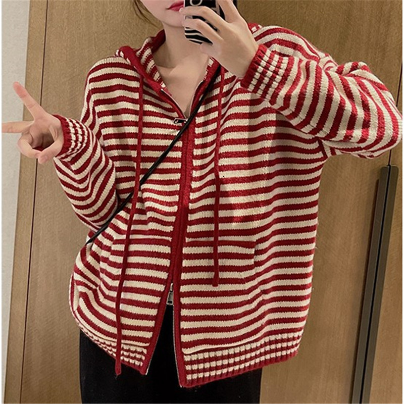 Women's Knits Tees Patchwork Easy Matching Long Sleeve Sweater Cardigan Mujer Autumn Spring Striped Hooded Zip Soft 230821