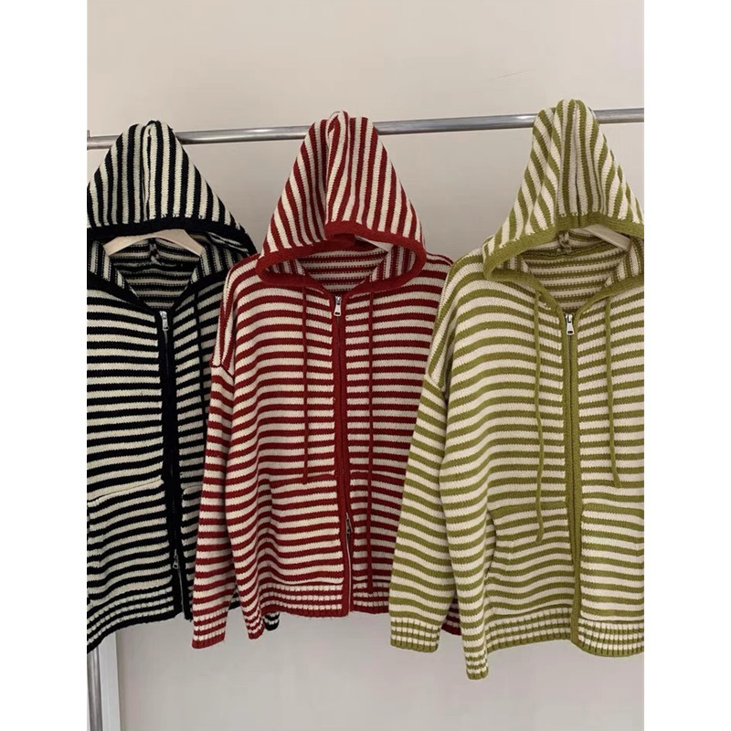 Womens Knits Tees Korean Fashion Stripes Hooded Knit Cardigan Woman Red Loose Casual Autumn Winter Sweater Zipper Coat Oversized Long Sleeve Top 23082