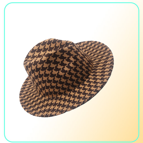 Houndstooth Print Fedora Hat with Black Bottom Men Big Brim Outdoor Trend Hat Panama Womens Jazz Top Hat for Party Wedding