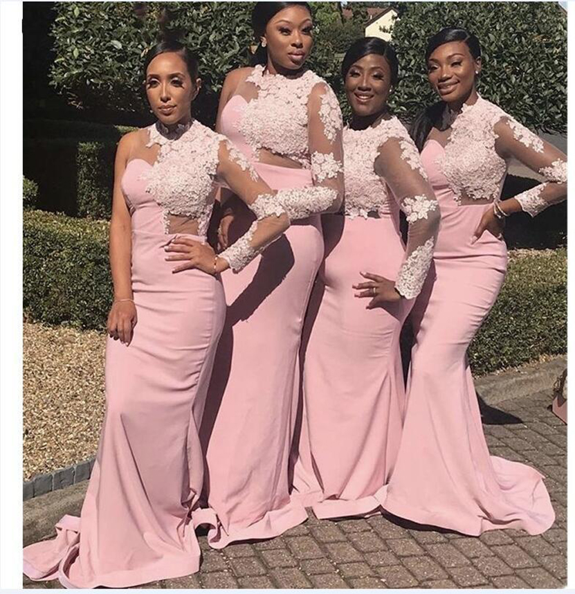 2023 Pink Lace Bridesmaid Dresses Long Sleeves Mermaid Sweep Train Flower Bridesmaid Dresses Maid Of Honor Wedding Party Dresses