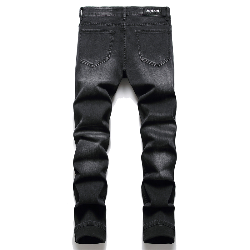 Men's Jeans Men Biker Jeans Streetwear Paisley Bandana Print Patch Stretch Denim Pants Patchwork Holes Ripped Slim Straight Black Trousers 230821