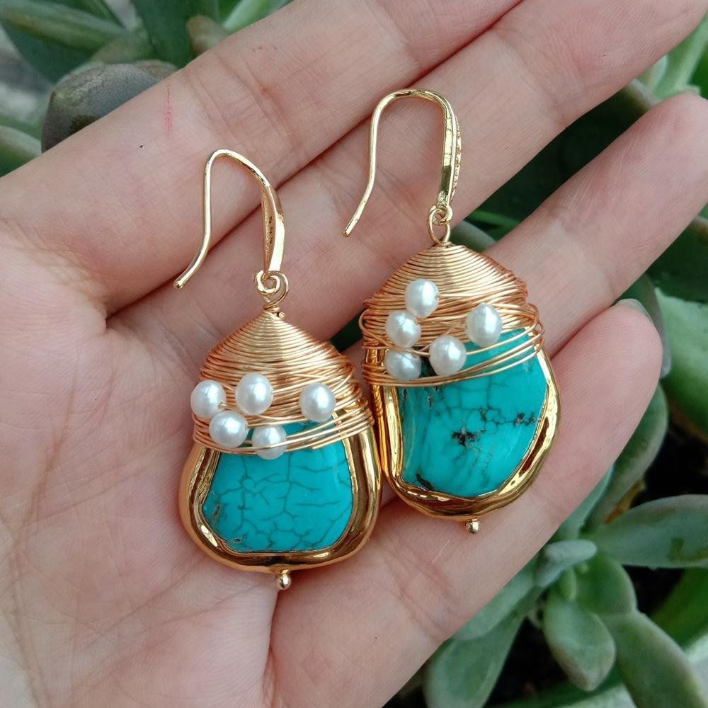 Ear Cuff YYGEM 21x27mm Blue Turquoise Cultured White Pearl Gold Plated Twist Hook Dangle Earrings Stone Jewelry 230822