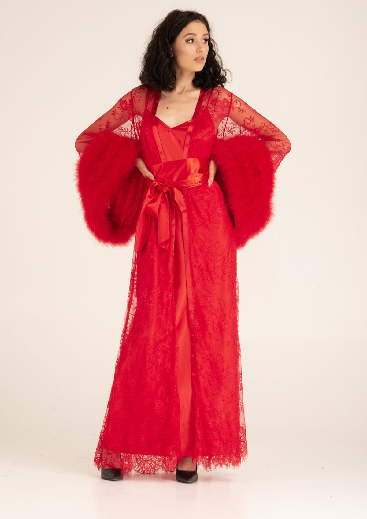 Red Satin Silk Bridal Robe Sleepwear Winter Fur Long SleeveWedding Evening Bathrobe Nightwear Custom Made Robe Gowns