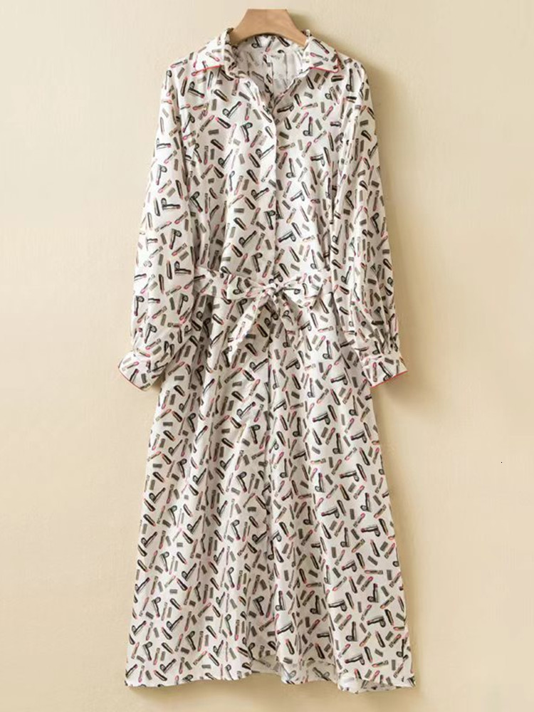 Basic Casual Dresses Women Lipstick Pattern Printed MidCalf Dress 100% Silk TurnDown Collar Long Sleeve Autumn Female Elegant LaceUp Robe 230821