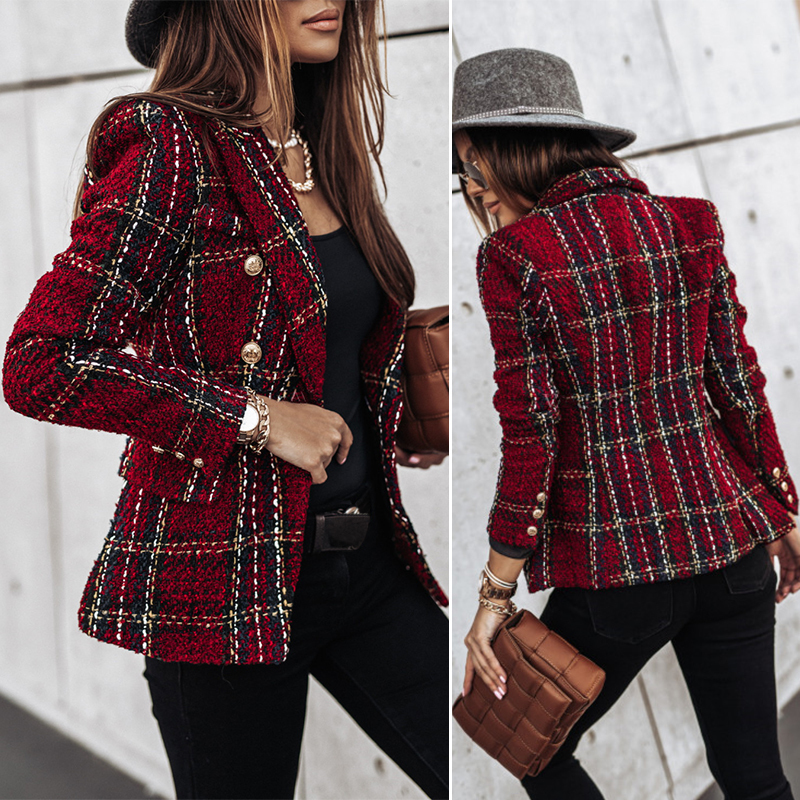 Women's Suits Blazers Double-breasted Printed Blazer Women Autumn Winter Office Chic Slim Long-sleeved Plaid Jacket Vintage Tweed Suits Ouerwear 