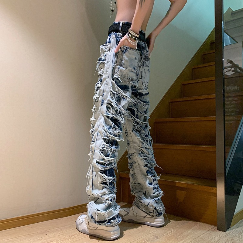 Men's Jeans American high street erosion destroys raw edge Y2K retro jeans men's trendy straight tube slim flared pants foreign trade 230823