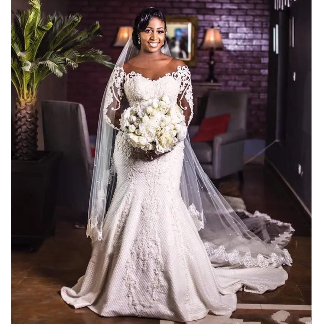 African Vintage Mermaid Dresses Vestido De Noiva Long Sleeve Lace Wedding Gowns Black Girl Women Bride Dress