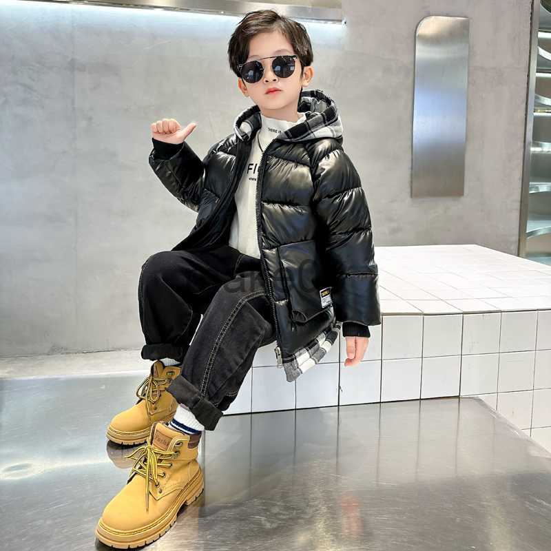 Down Coat Children's Cottonpadded Winter Jacket Boys Thick Black Glossy Coats Kids Plaid Hooded Washfree Top J230823