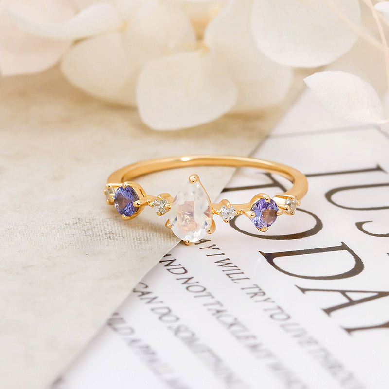 Wedding Rings LAMOON Natural Moonstone Ring For Women Tanzanite Gemstone 925 Sterling Silver Gold Vermeil Fine Jewelry Engagement 230822