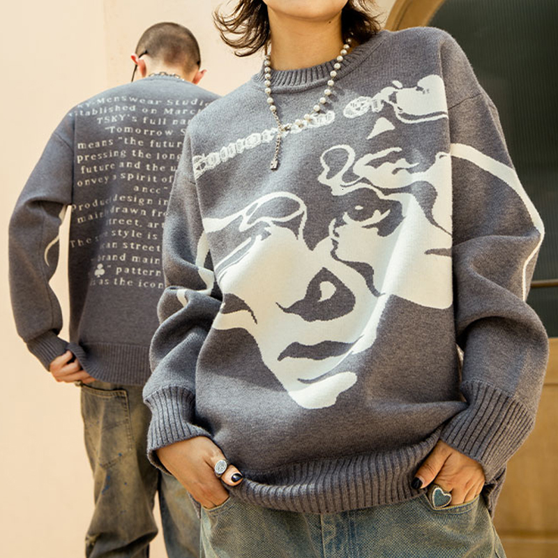 Men's Sweaters Men High Street Sweater Vintage trend loose couple round neck Knitted pullover sweater Harajuku oversized Sweaters women y2k 23082