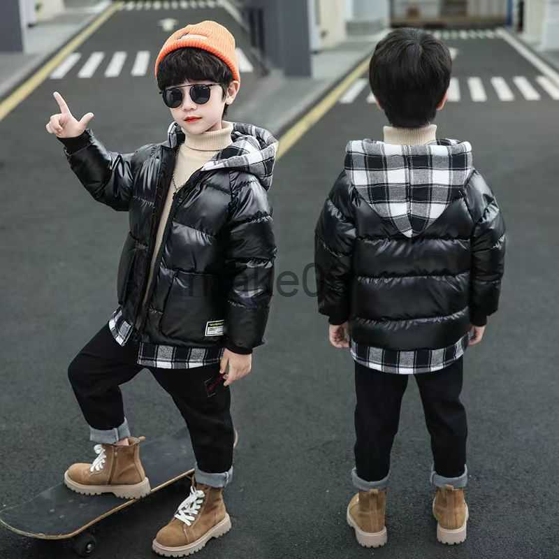 Down Coat Children's Cottonpadded Winter Jacket Boys Thick Black Glossy Coats Kids Plaid Hooded Washfree Top J230823