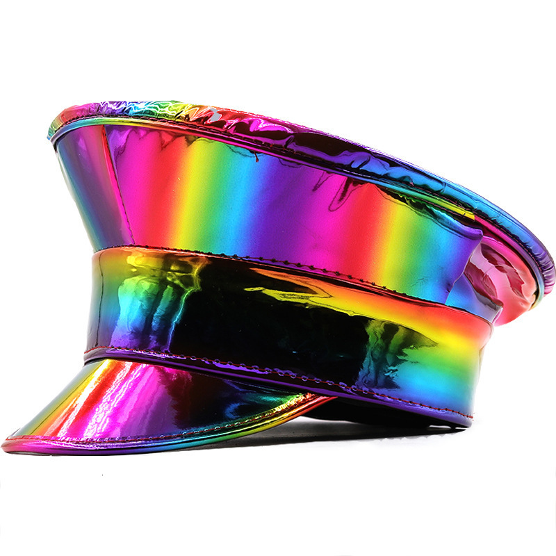 Berets Wmen PU Leather Military Hat Men Rainbow Laser Patent PVC Captain Cap Prom Performance Bar Cosplay Show Cool Beret 230822