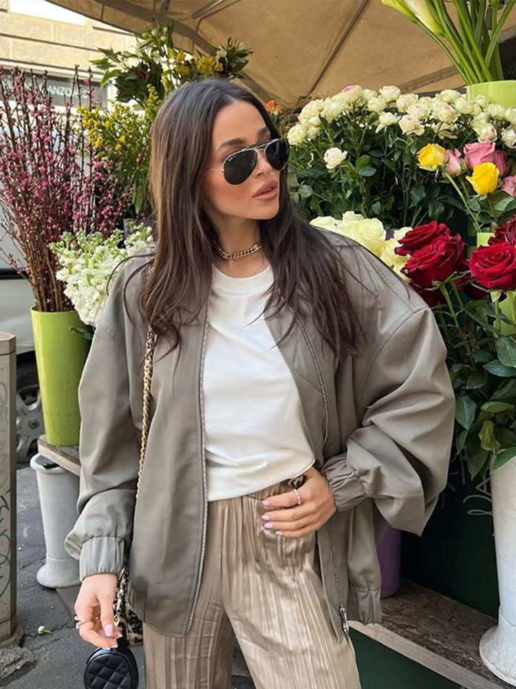 Women's Jackets Fashion Solid Bomber Jacket Women Loose O Neck Long Sleeve Zipper Coat Outwear Ladies Spring Chic Female Streetwear 230823