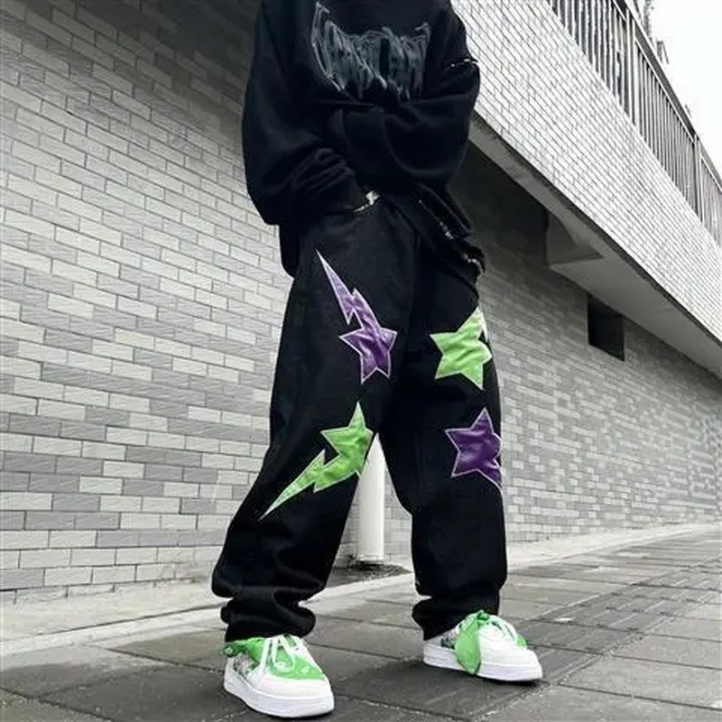Men s Jeans ins embroidery jeans American street lightning love patch hip hop trousers men y2k 230823