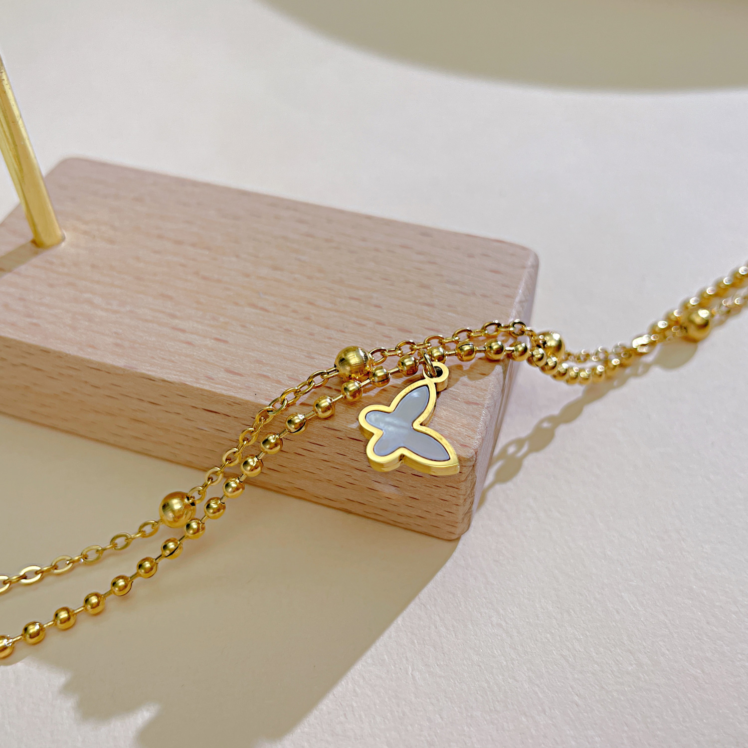 Pretty Pearl Butterfly Charms Bracelet CZ Stainless Steel Double Layered Beads Chain Anklet For Girls Women 8.5inch +5cm Gold Plated N162